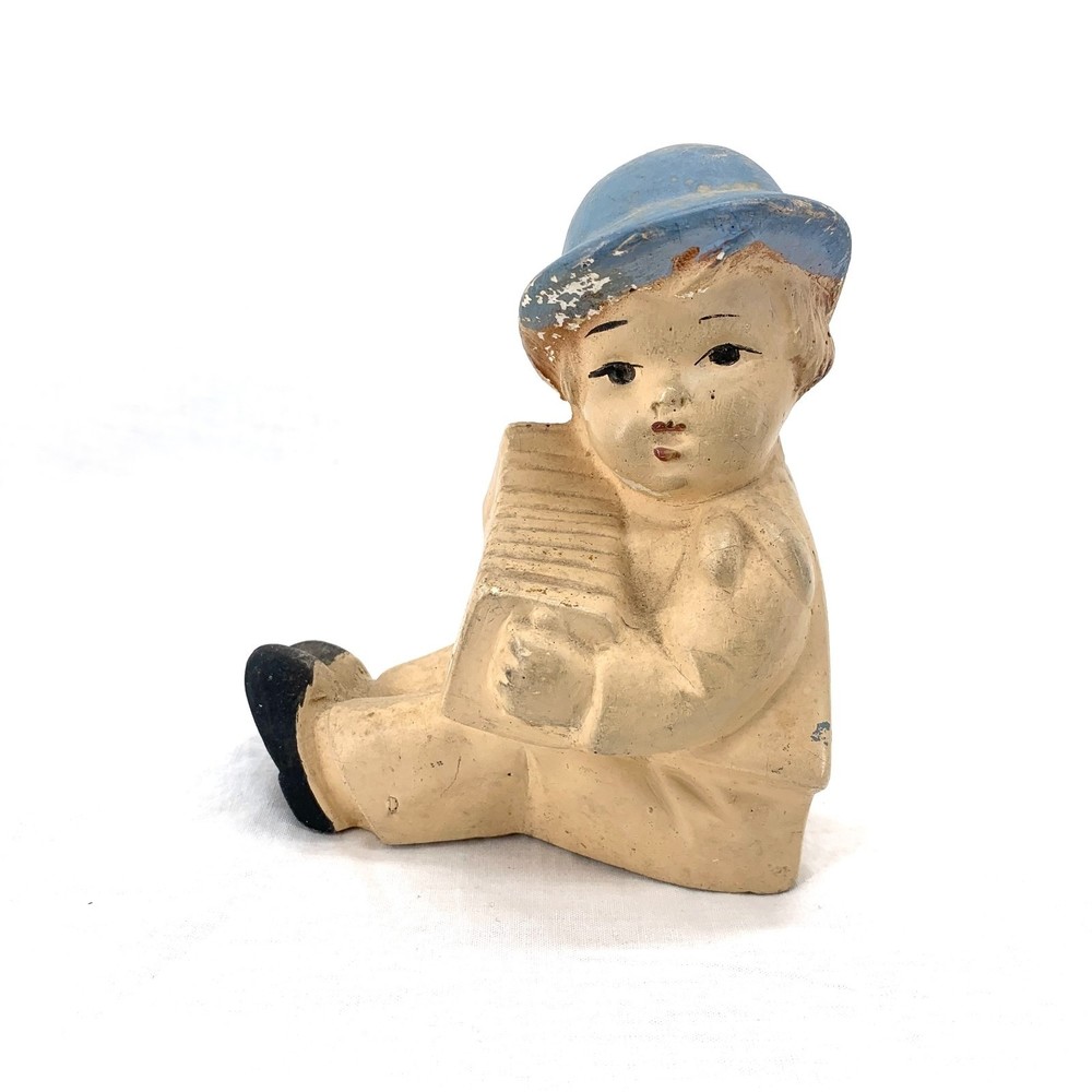 Vintage Chalkware Bookend Child w/ Accordion Distressed Heavy Single Not Marked